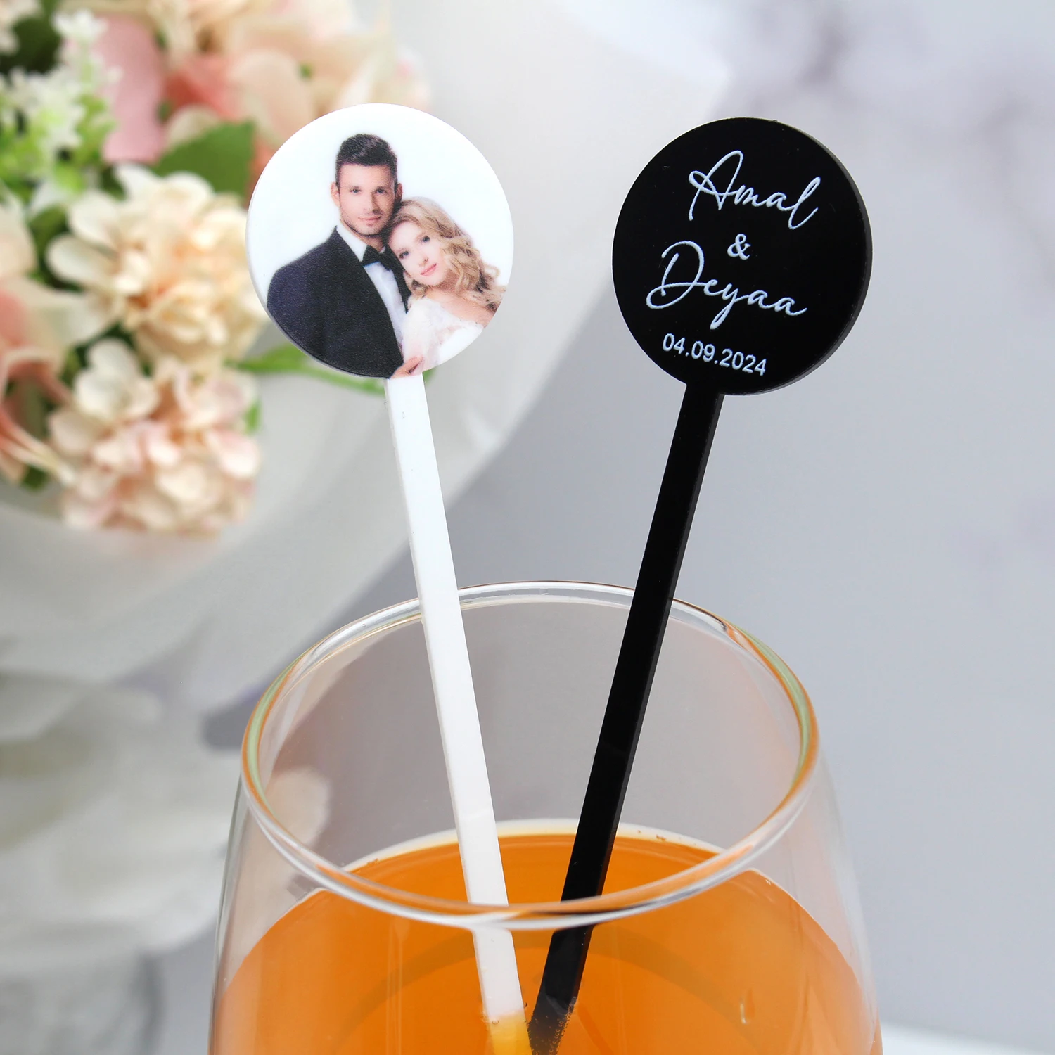 

50pcs Personalized Round Drink Stirrers Wedding Favors Bachelorette Party Cocktail Stirrers Baby Shower Decor Custom Logo Photos