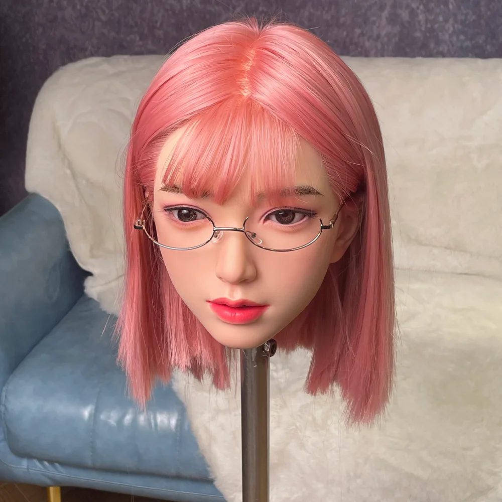 نموذج رأس أنثى قصير الشعر وردي رائع للغاية، نسخة 1:1 من نموذج رأس أنثى، شخصية رأس مثيرة، سيليكون (بدون ملحقات)