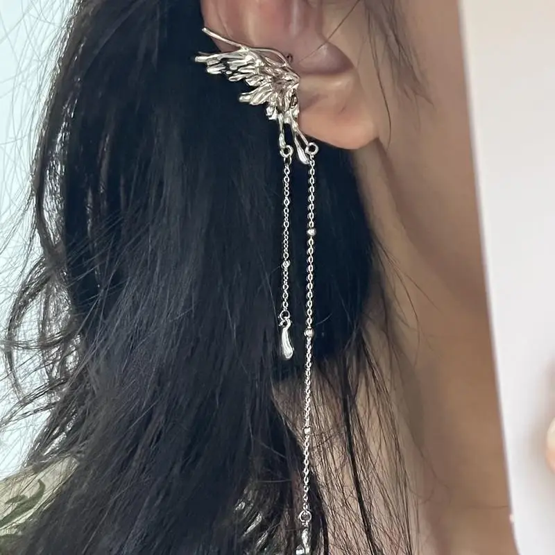 Y2K Fairy Butterfly Wings Tassel Ear Clips Angel Ear Bone Clip Earring Elf Female Hole Cuff Hanging Earring Fashion Jewelry Gift