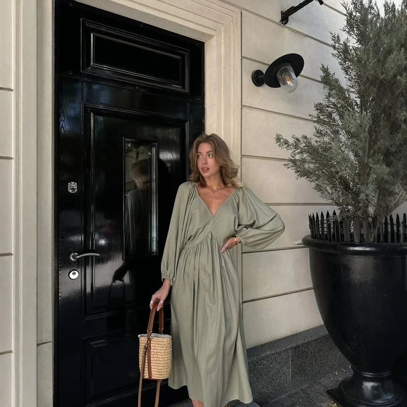 Casual Vaion Sle Bal ceinturé Dr femmes v-ne robe taille haute lanterne Sve jupe longue été Faion