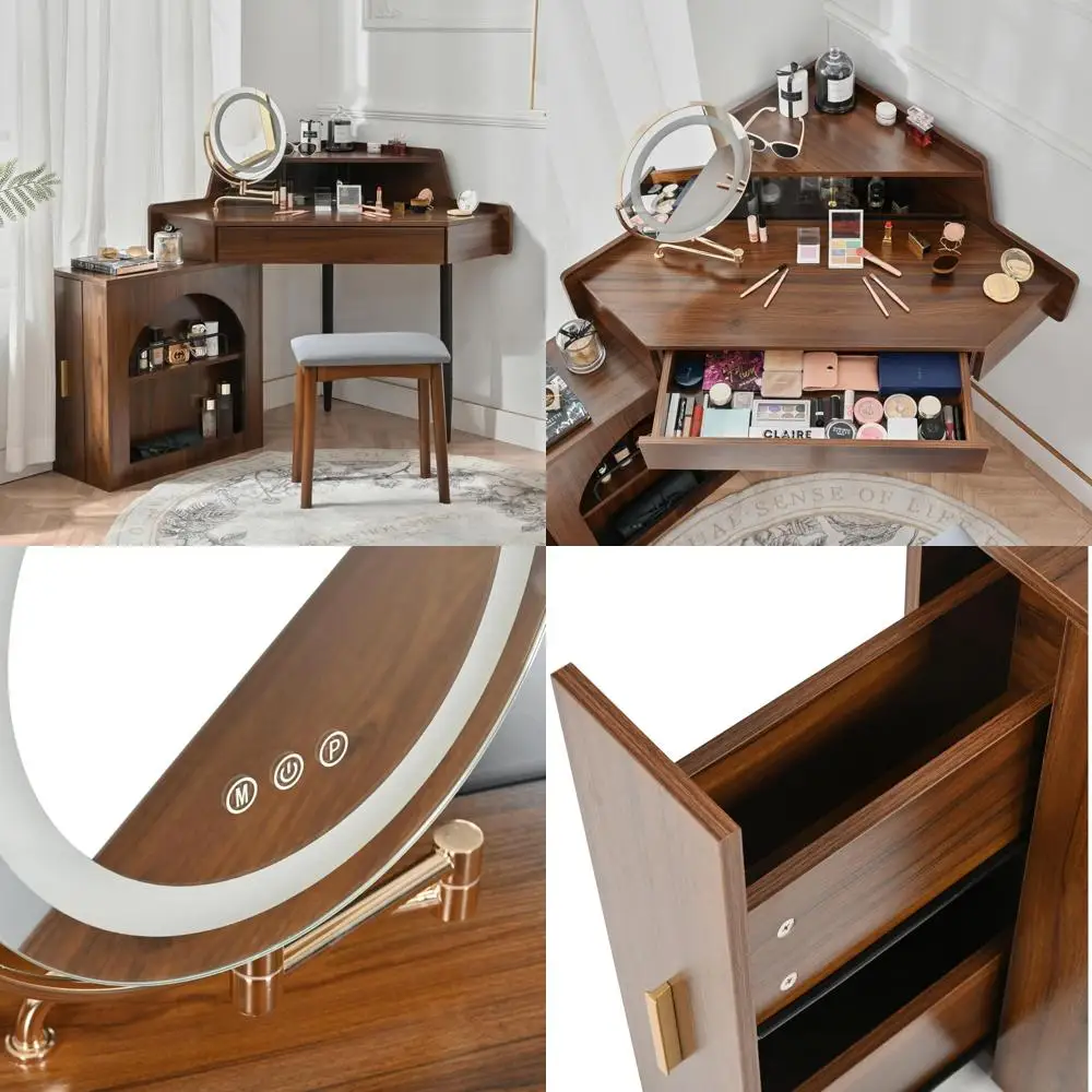 مكتب زينة مكياج حديث بإضاءة LED مع مرآة وأدراج وخزانة تخزين لغرفة النوم #1