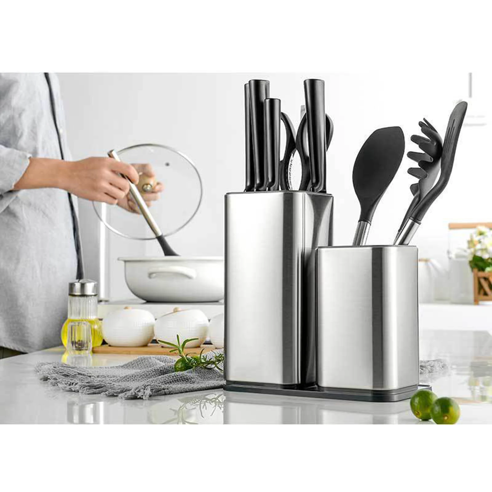 2In1 Knife Holder Stainless Steel Knife Block Cutlery Box Set Kitchen Storage Scissors Organizer Knife Stand Without Knife