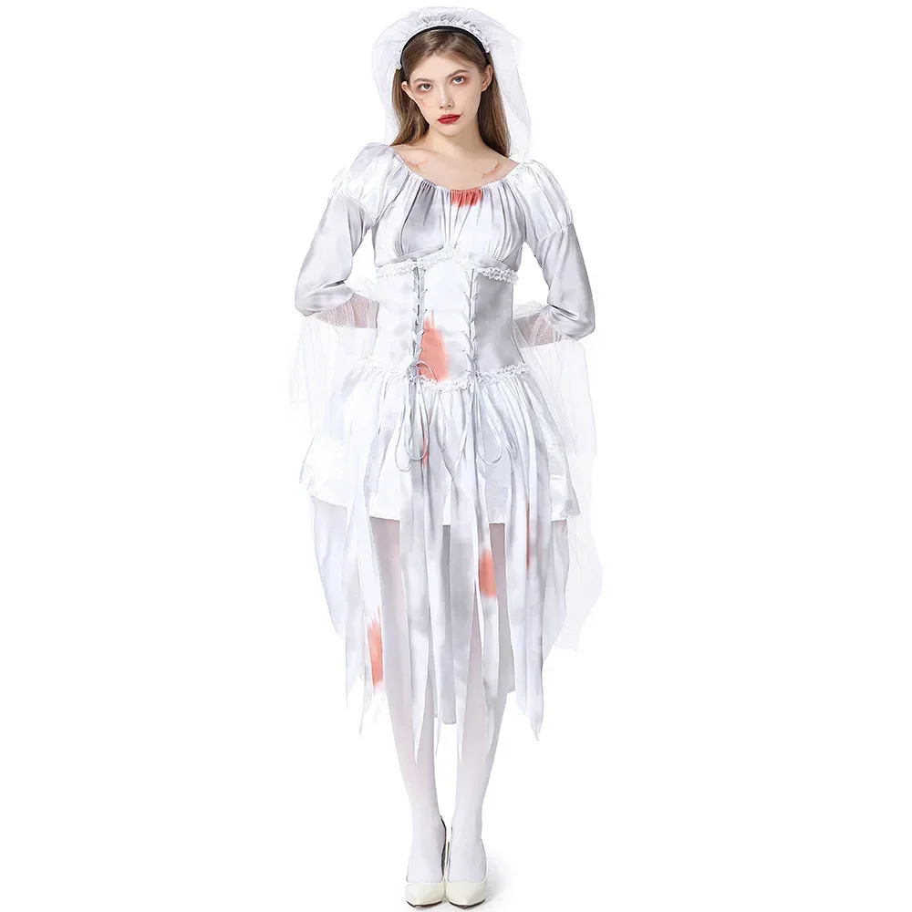 Women Long Ghost Bride Costume Halloween Tattered Bloody Wedding Dress Scary Zombie Outfit Masquerade Horror Party Dress PS66