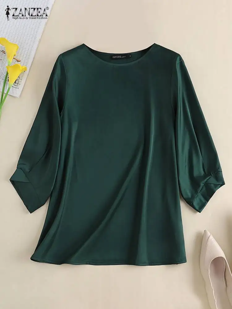 ZANZEA Women Casual Loose Silk Blouse Fashion Puff Sleeve Satin Shirt Vintage Holiday ChemiseElegant Solid Tunic Tops