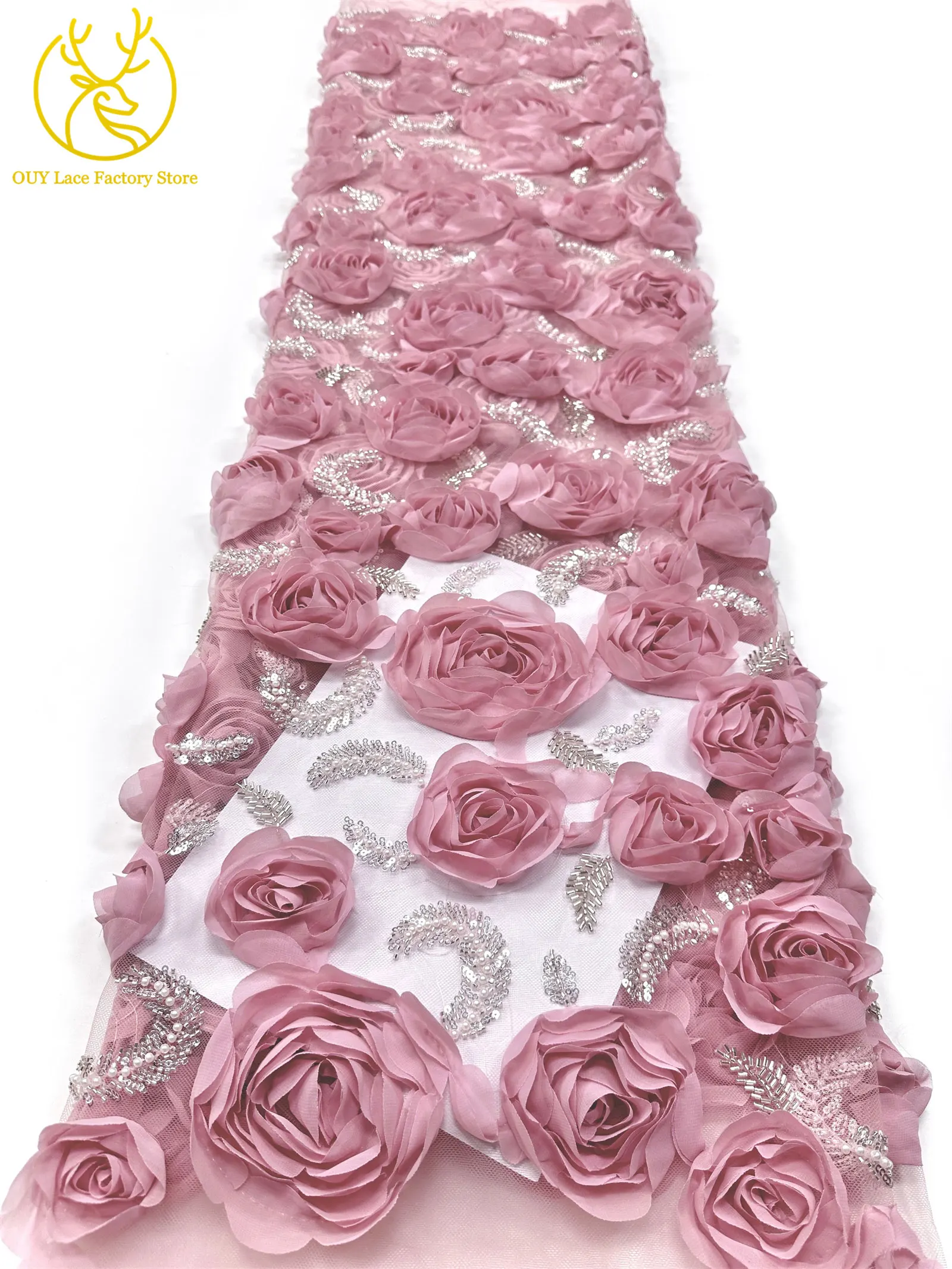 3D-Rosen-High-End Nigerianischer Tüll-Spitzenstoff 2026 – Hochwertiger afrikanischer Pailletten- und Perlen-Spitzenstoff für Brautkleider und Hochzeitskleider zum Nähen – Detail 14