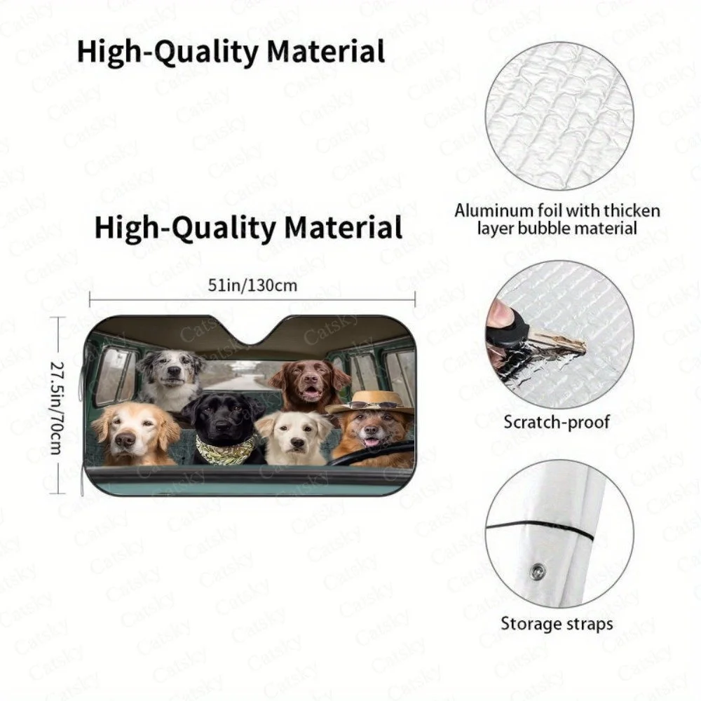 Adorable Car Sunshade Featuring Six Dogs In A Van, Perfect For Pet Lovers. Fits Most Vehicles, Enhancing Interior Decor With A F