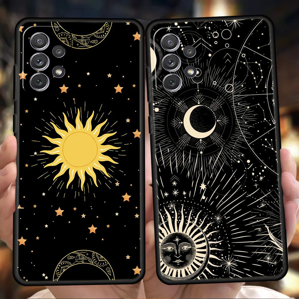 เคสโทรศัพท์สำหรับ Samsung Galaxy A55 A35 A17 A15 A14 A25 A54 A51 A71 A72 A73 A32 A52 A41 5G วัสดุ TPU นิ่ม ลายดวงอาทิตย์ ดวงจันทร์ เมฆ โหราศาสตร์