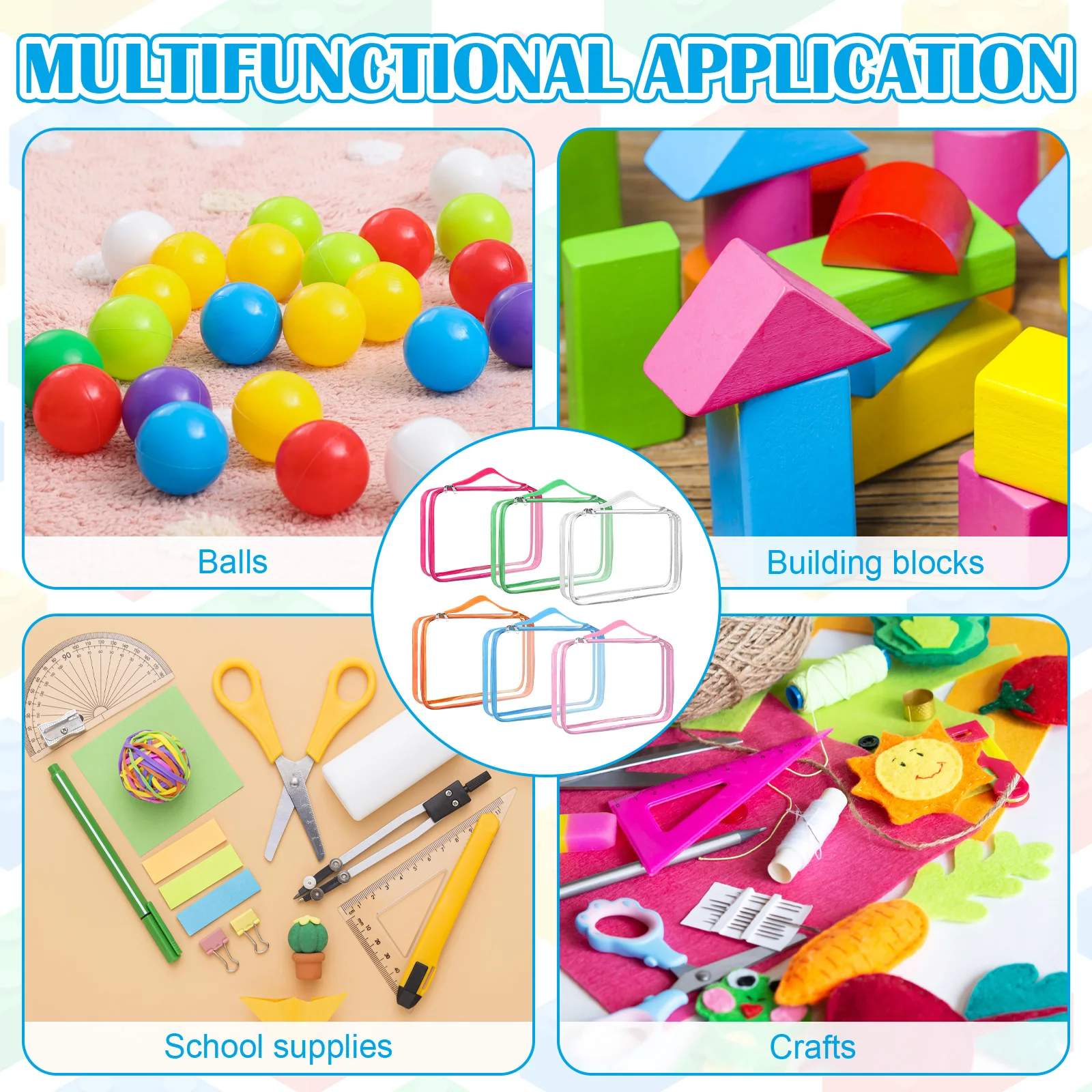 6 Colors Clear Toy Storage Bags PVC Organizing Bags With Zipper Reusable Waterproof Toy Bags With Handle, 12.6x9 Inch Plastic St