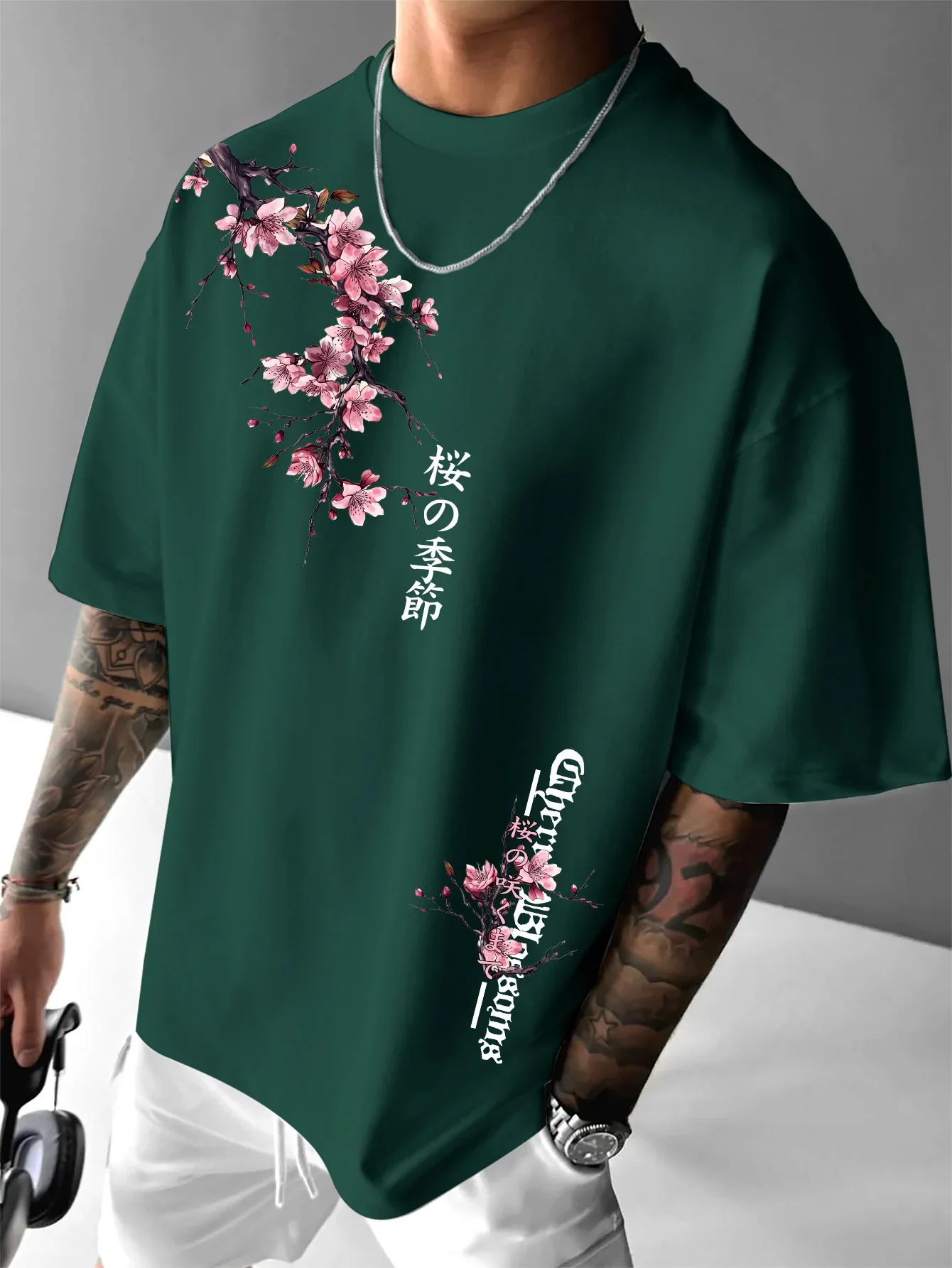Men's Cotton Japanese Cherry Blossom Graphic T-Shirt Loose Fit Casual Tee Minimalist Sakura Print Short Sleeve Tops for Summer