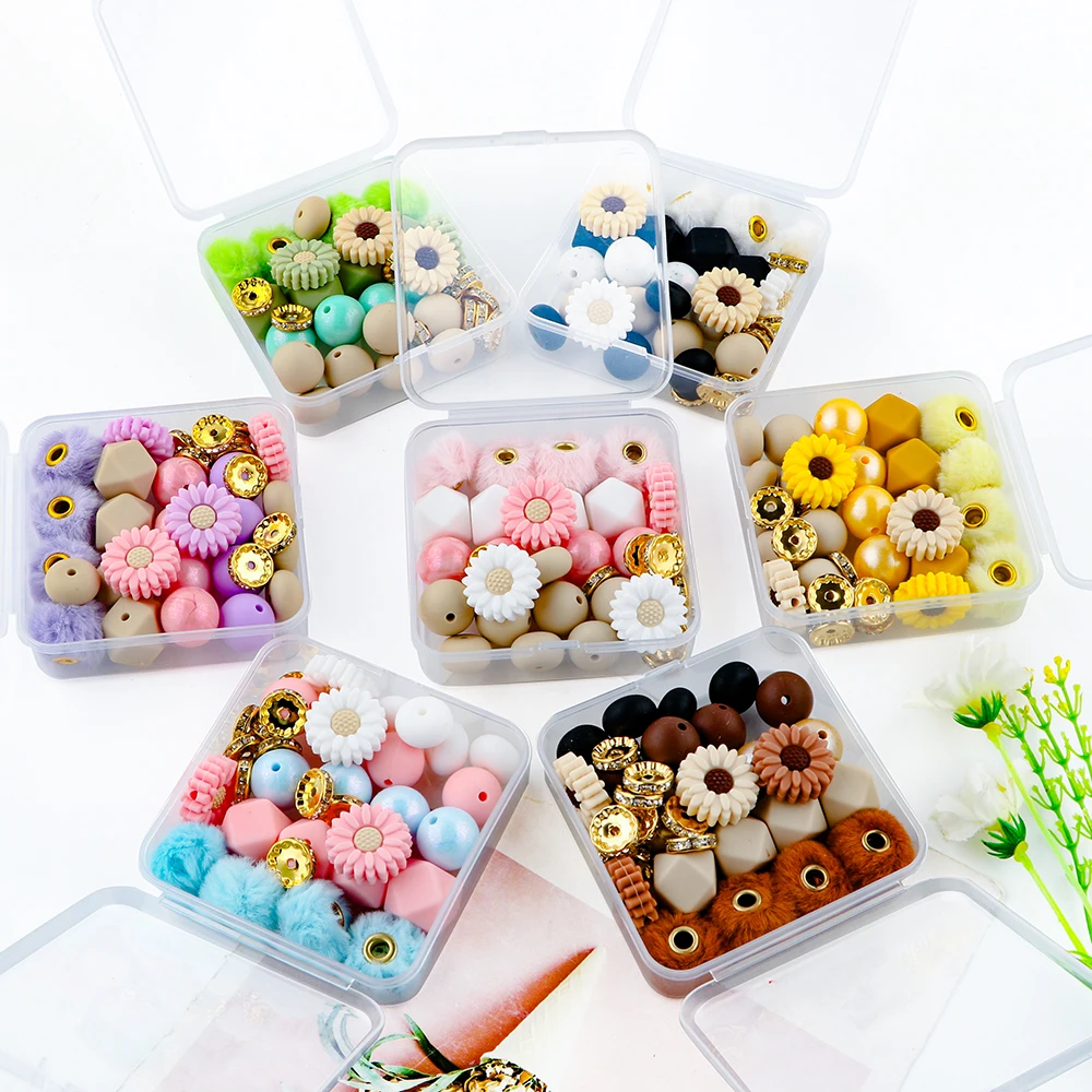 Scatola di peluche con perline focali in Silicone ricoperte di pelliccia set di perline allentate di fiori per la creazione di gioielli accessori per bracciali con collana portachiavi fai da te
