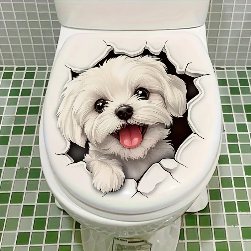 1pc Creative Cracked Animal Dog Toilet Sticker, Adorable Bathroom Decor, Wall Self-Adhesive Art, Bathroom Decor