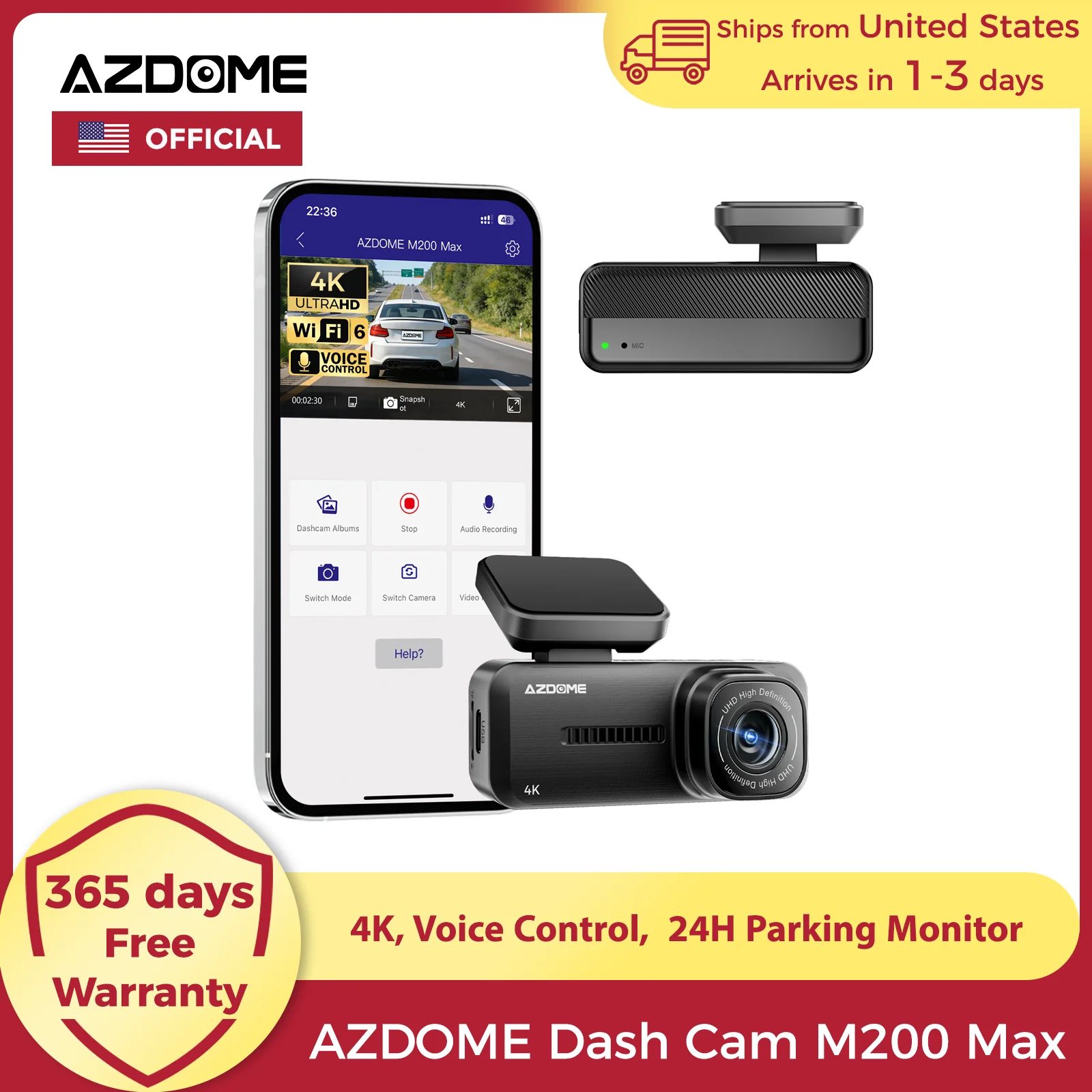 【Almacenes en EE. UU.】Cámara para Auto AZDOME 4K M200 Max WIFI 6 con Control por Aplicación, Grabación en Bucle, DVR para Auto, Modo de Estacionamiento 24H