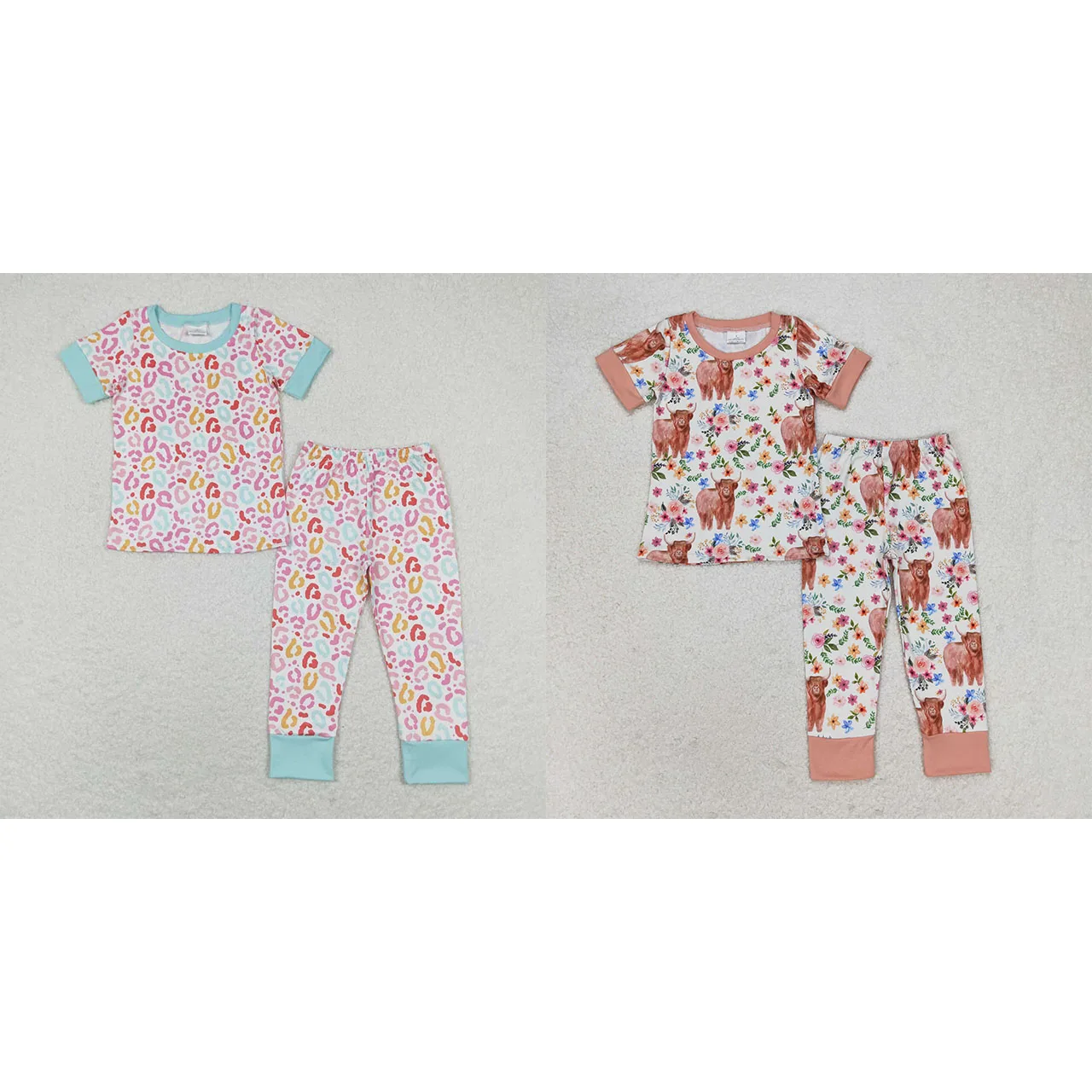유아용 반팔 티셔츠 바지 세트, 어린이 잠옷, 유아 서양 암소 꽃 잠옷, 도매