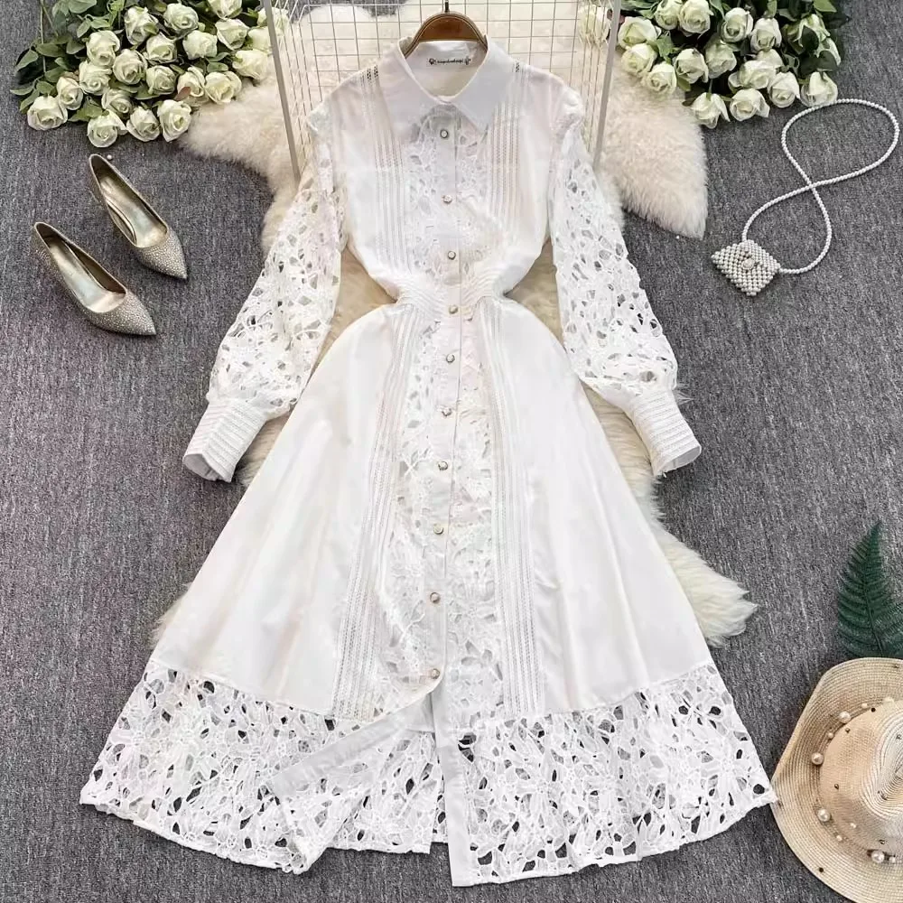 Lace Patchwork Embroidered Flowers Elegant Dress For Women's Lapel Long Lantern Sleeve High Waist Shirt Dress Female Fashion New