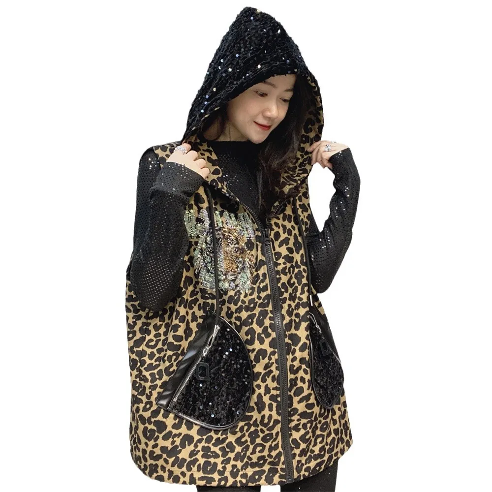 Women\'s Clothing Hot Diamond Loose Hooded Vest 2024 Winter New Fashion Chic Back Tiger Head Leopard Print Vest Jacket Female