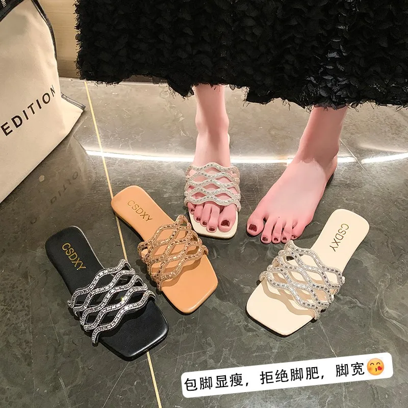 Retro Women's Wave Stripe One Word Flat Slippers Square Toe Flip Flop Low Heel Home Sandals