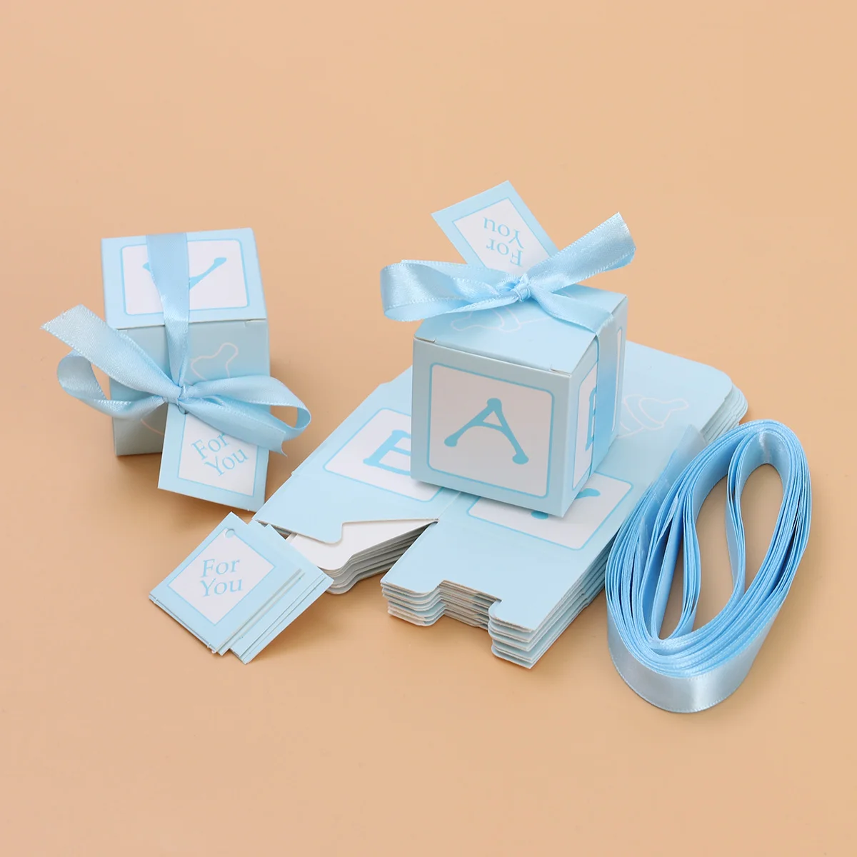 12pcs Wedding Baby Shower Candy Boxes Printed Boxes with Stitched Ribbon and Cards Decent Chocolate Treat Boxes(Blue)