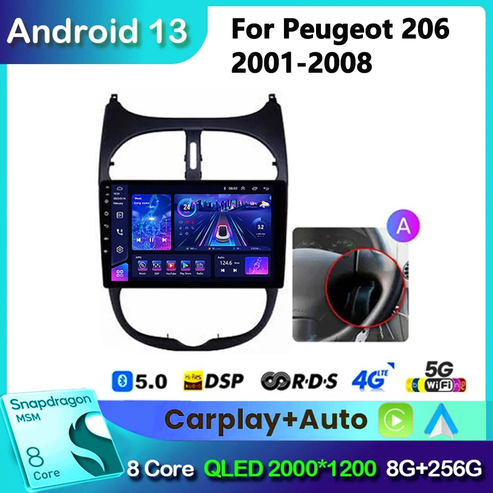 For PEUGEOT 206 206CC 206SW 2001 - 2016 Android Radio Car Multimedia Automotiva Apple Carplay Accessories Pantalla Coche Camera