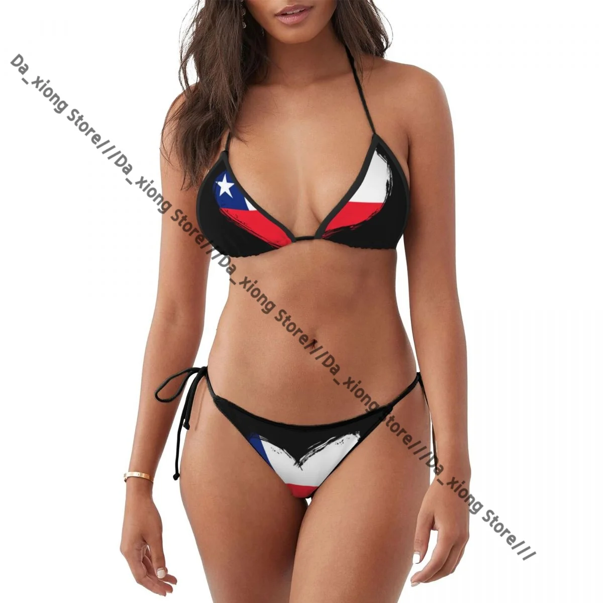Trajes de baño con forma de corazón y bandera chilena para mujer, Bikinis sexys, traje de baño, microtanga, ropa de playa con borde