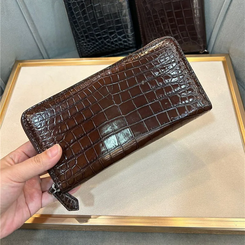 

Genuine Crocodile Belly Skin Black Card Holders Zipper Closure Men's Long Wallet Real Alligator Leather Male Small Clutch Purse