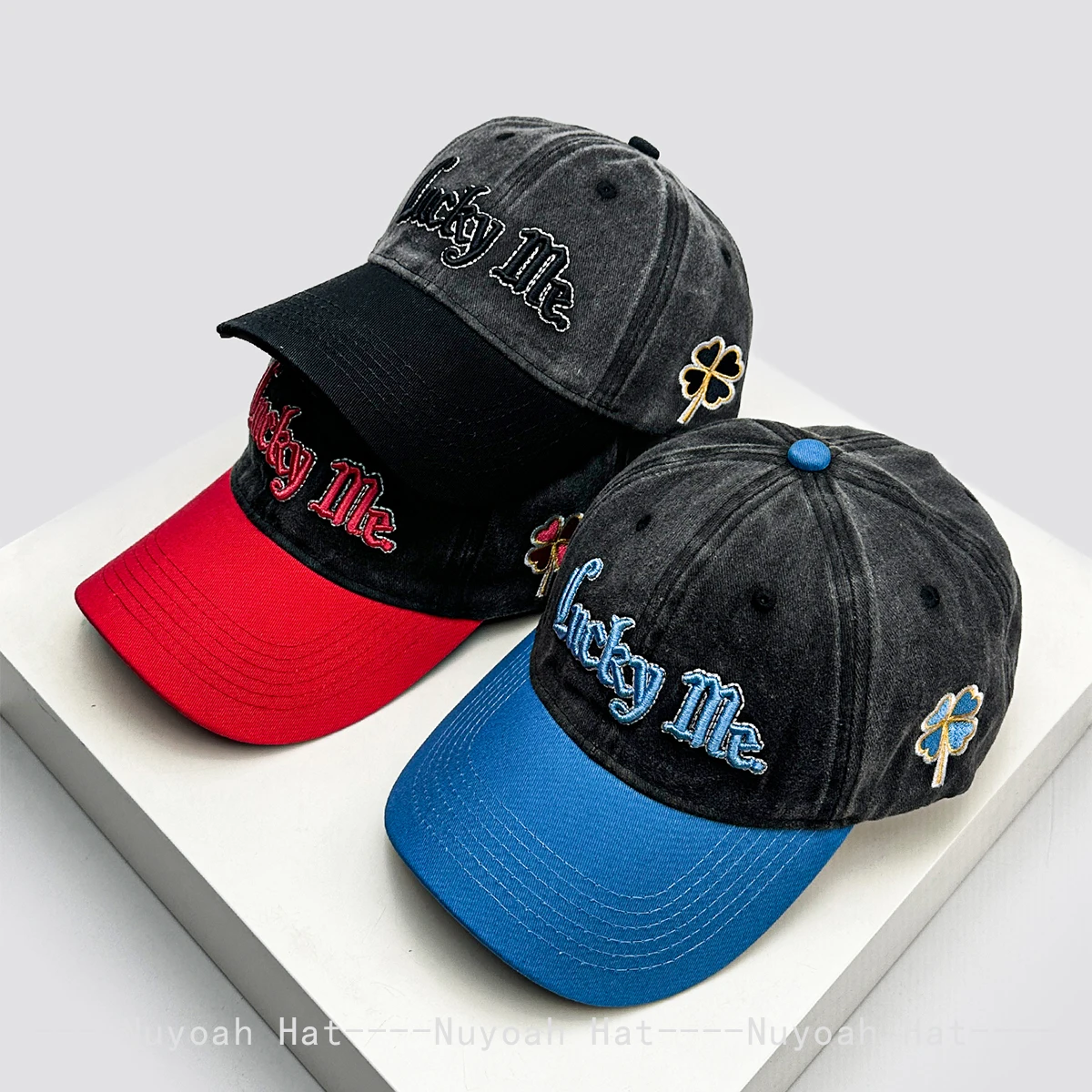 

New Men Women 3D Lucky Four-Leaf Clover Letter Embroidery Baseball Hats Sunshade Color Block Versatile Retro Peaked Caps Fashion