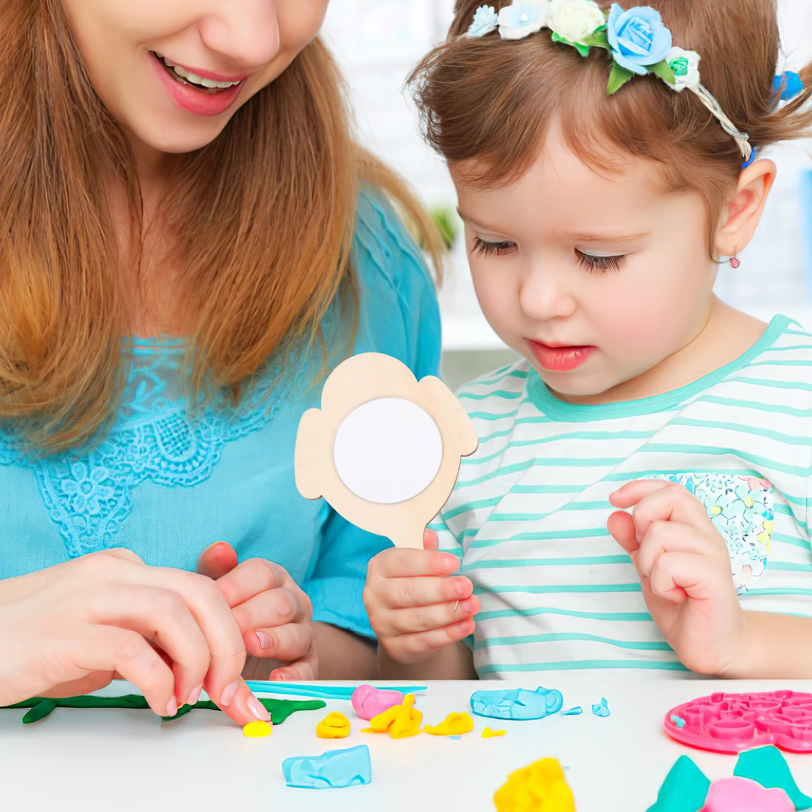 

10pcs Handmade Kids Mirror Wooden Craft Toy DIY Vanity Handheld Mirrors Light Brown Acrylic Small Decorative Paintable
