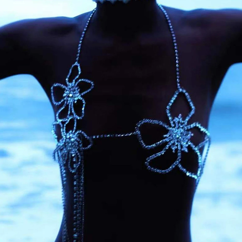 Luxury Tassel Flowers Body Chain Rhinestone Bra Necklace Body Jewelry for Women Oversize Crystal Bralette Chest Chain Top