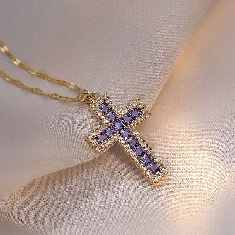 Stainless Steel Sparking Women Cross Necklaces, Gold Color Metal Cross Pendant, Bling CZ Stones Christ Religious Prayer Collar