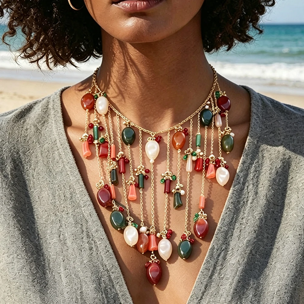 Image of Vintage Bohemian Multi-Edelstein-Quasten-Halskette für Frauen, mehrfarbige Harzstein-Statement-Halskette, Party- und Hochzeitsschmuck