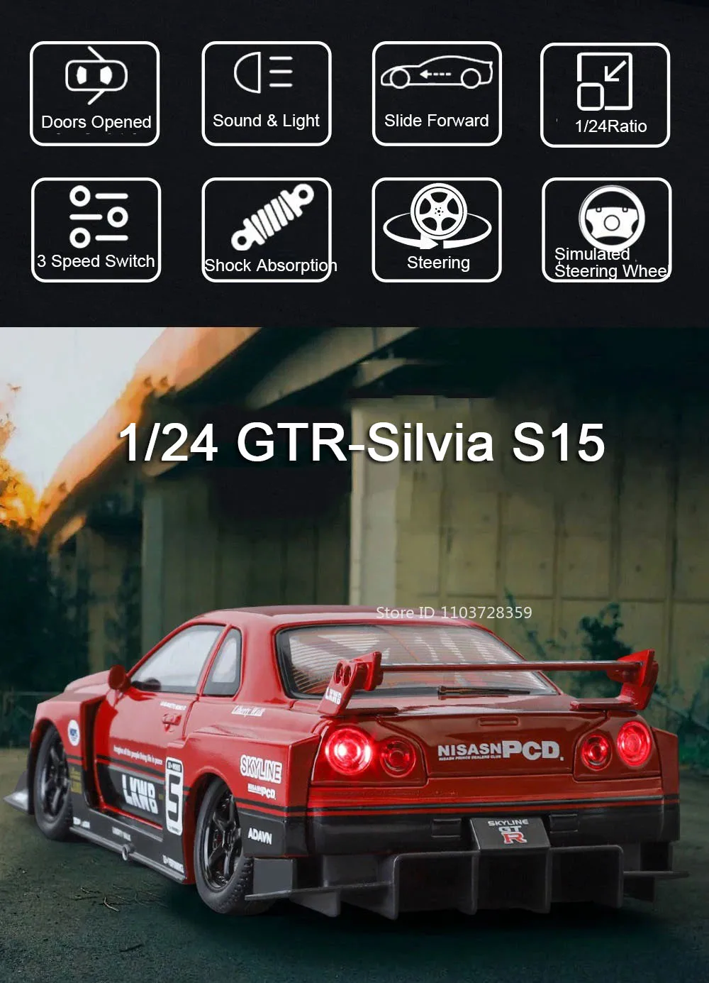 1:24 Tourbillon GTR S15 Modell Sportwagen Spielzeug Legierung Druckguss Sound Licht Türen geöffnet Stoßdämpfung Ornament Supercar für Kinder – Detail 13