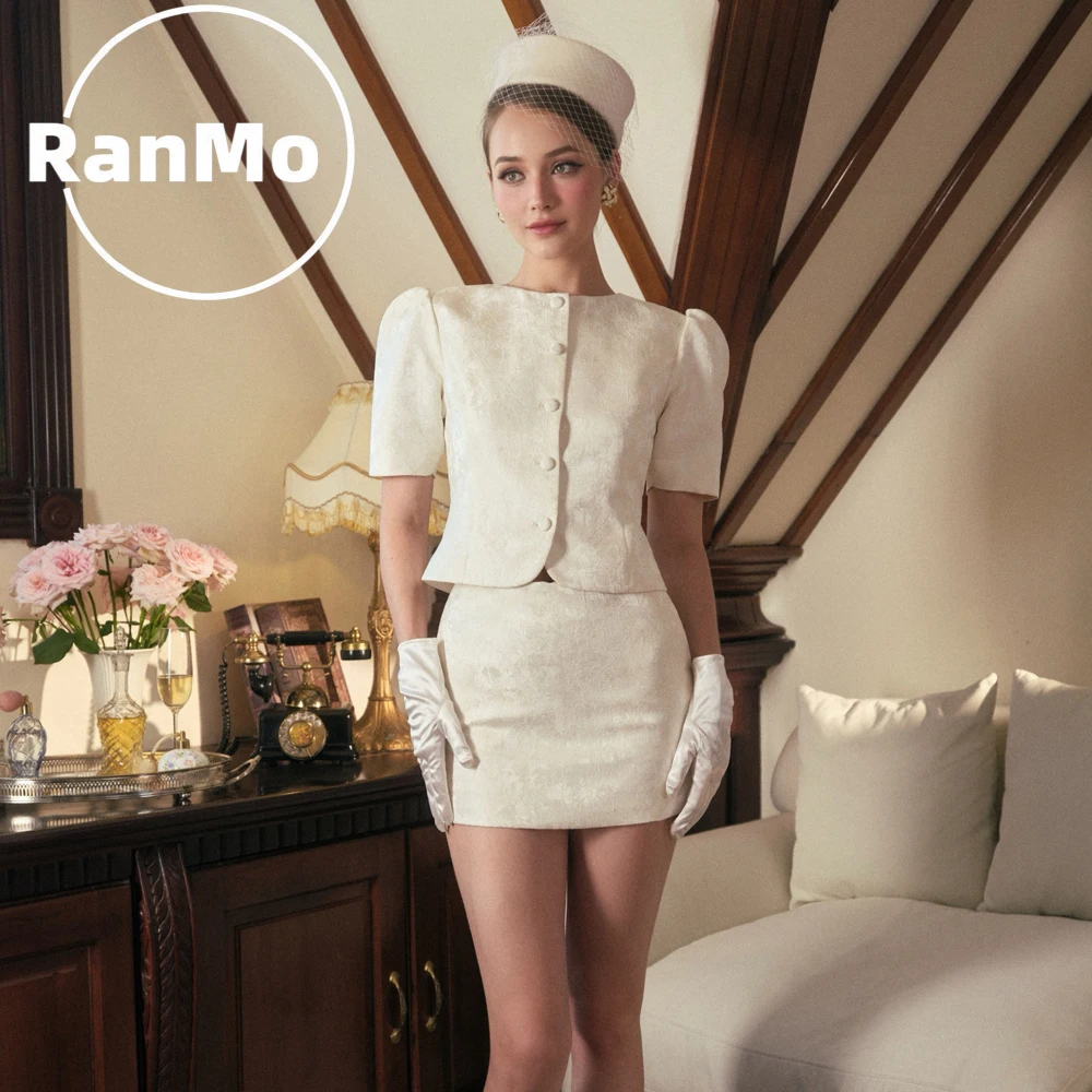 Ranmo Customized Elegant New Jacquard Short Sleeve Bride Gown 2 Piece Set Button Mini Skirt Vintage Vestido Madrinha Casamento