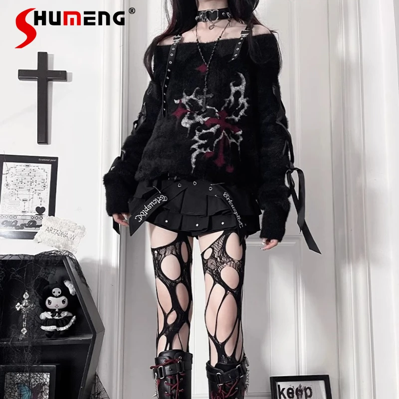 

Original Subculture Dark Off-shoulder Sweater Autumn Winter Girl's Sweet Cool Leather Button Printed Knit Top Aesthetic Clothes