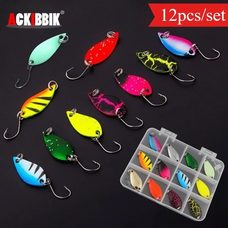 Ackibbik 12pcs Spinner Trout Bait Metal Spoon Fishing Lure Jig Hook Wobbler Casting Jigging Tackle Accessories