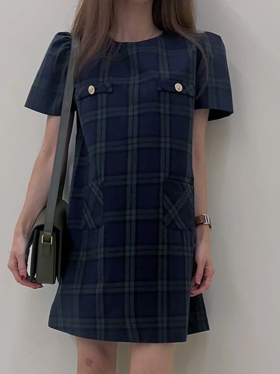 

Шикарная летняя клетчатая свободная повседневная одежда Princ Sve round Ne Dr Women's Faion Small Fraance Sle Dr ort Sve