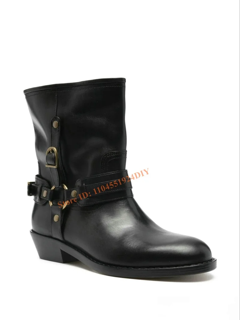 

New Metal Buckle Round Head Retro Leather Motorcycle Thick Heel Thick Sole Versatile Slimming Western Short Boots