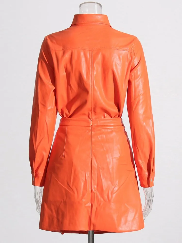 BPN Solid Two Piece Sets For Women Lapel Long Sleeve Leather Jackets High Waist Ruffle Skirts Fashion Set Female Clothing Style
