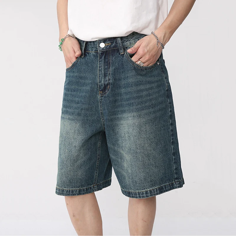 Iefb verão denim shorts masculino solto estilo coreano retro calças de brim curtas moda lavada casual na altura do joelho calça nova streetwear