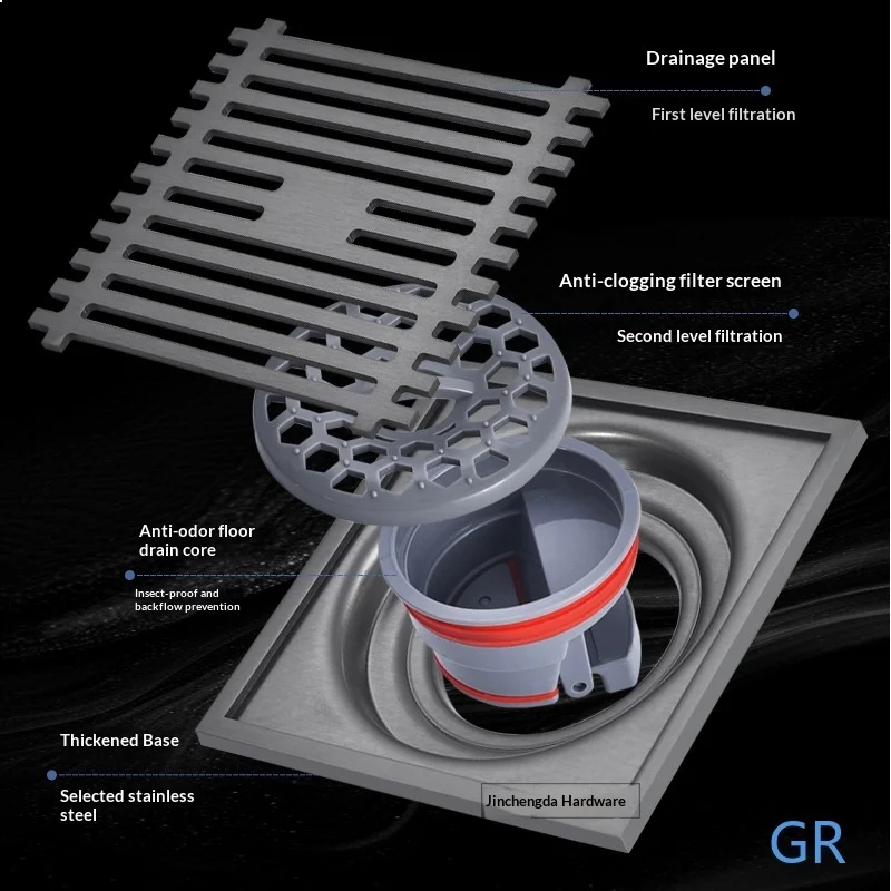 4 5 Inch Gun Grey Square Odor Proof Floor Drain Thickened Stainless Steel Large Flow DN75