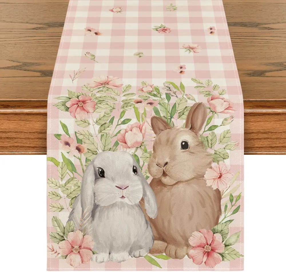 Spring Easter Bunny Rabbit Flowers Buffalo Plaid Linen Table Runner Farmhouse Kitchen Dining Table Runner Easter Decorations