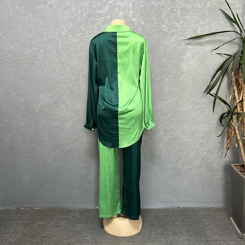 Spring Two Piece Outfits For Women Fashion 2023 Green Long Sleeve Shirts Straight Pants Set Tracksuits Lady 2 Piece Pant Suits