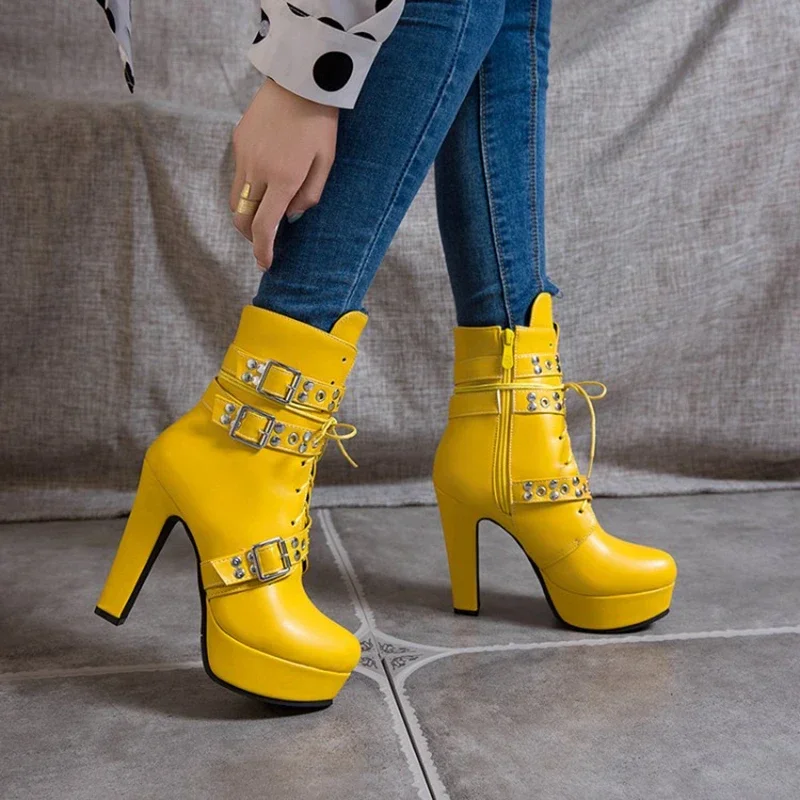 Red Yellow White Women Ankle Boots Platform Lace Up High Heel Short Female Buckle Autumn Winter Sexy Ladies Shoe Large Size