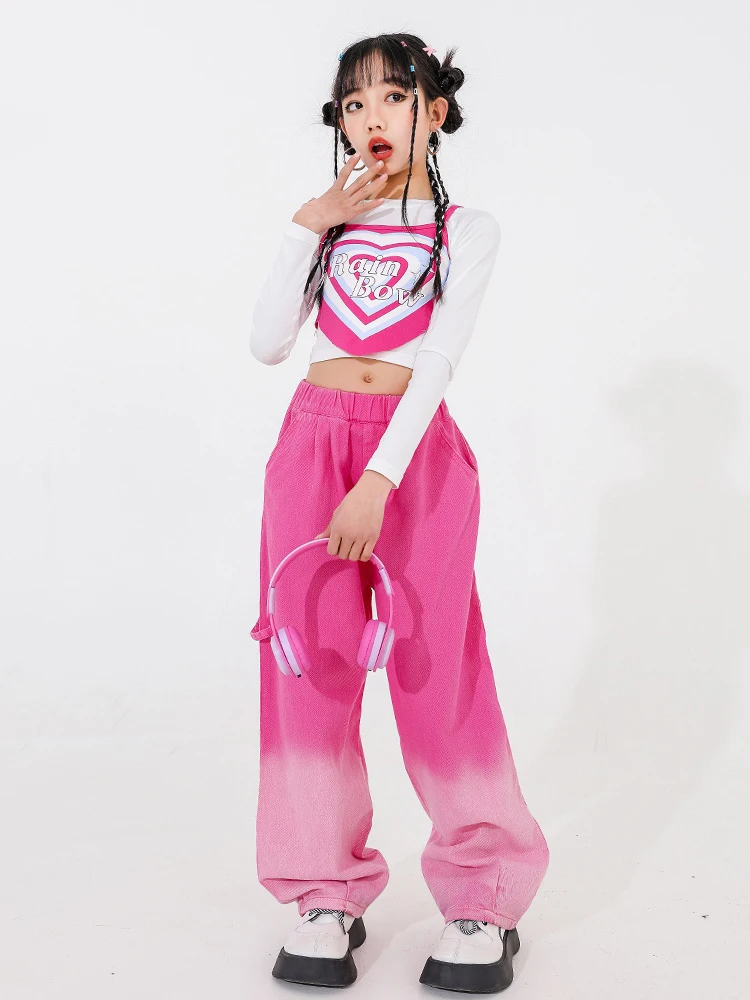 Süße Mädchen Kleidung Jazz Tanz Kostüm rosa Herz Weste Hosen Comcert Kpop Performance Kleidung Kinder Hip Hop Tanz tragen bl12426