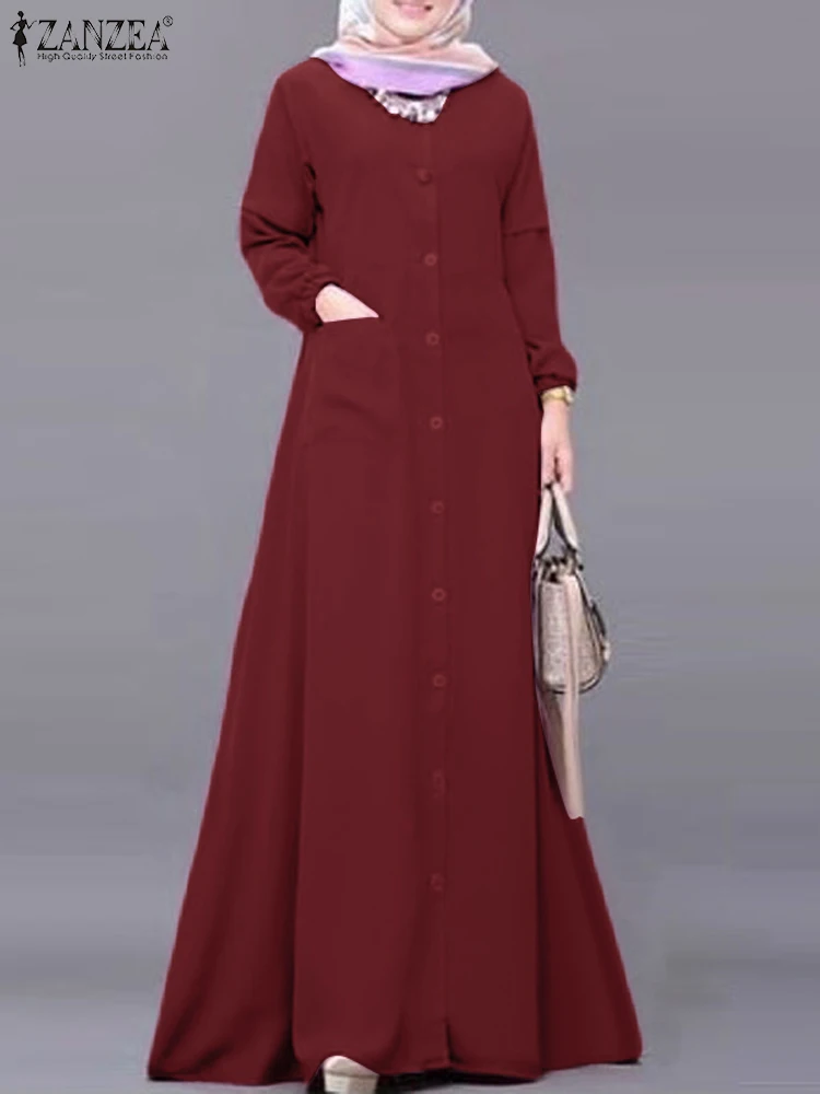 ZANZEA-vestido muçulmano elegante para mulheres, peru abaya, robe de Dubai, manga longa, botões maxi, kaftan, roupas islâmicas, primavera