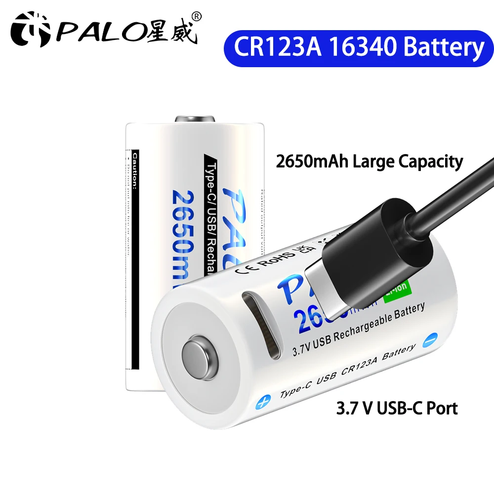 PALO CR123A Battery 2650mWh 16340 RCR123 3.7V Rechargeable Battery 100% Capacity USB Lithium CR123 16350 Bateria + Type-C Cable