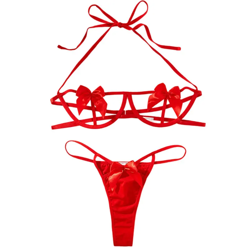 Seductive Bow Lingerie Set Halter Strappy Bra & Cut Out Thong Women's Sexy Underwear Erotic Sets Super Hot Bras With Steel Ring