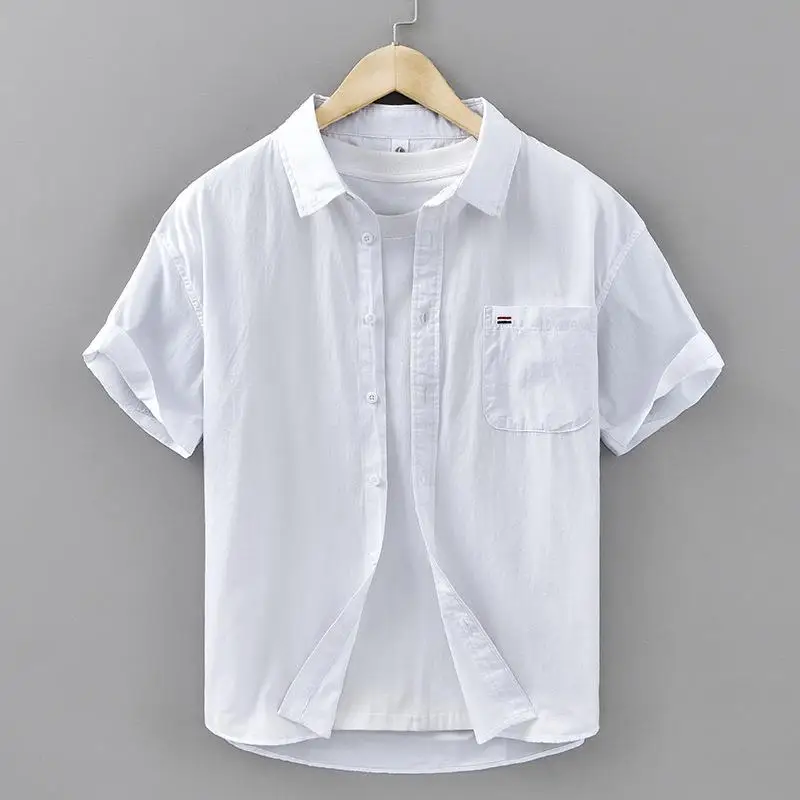 

Youth Fashion Mens White Shirt Simple Style Short Sleeve Pocket Design Deform Resistant Lightweight Color Inner Wear Shirt