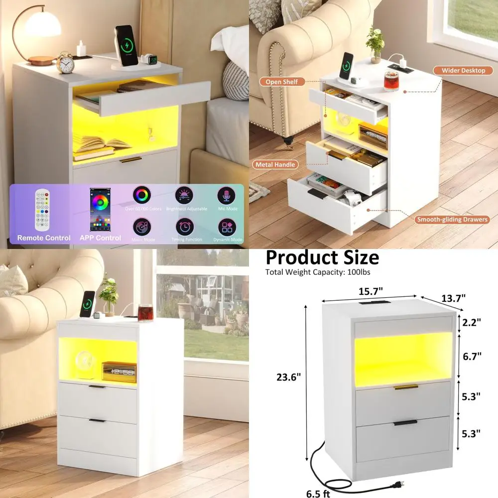 

White LED-lit 3-Drawer Nightstand with Charging Dock & Pull-Out Shelf