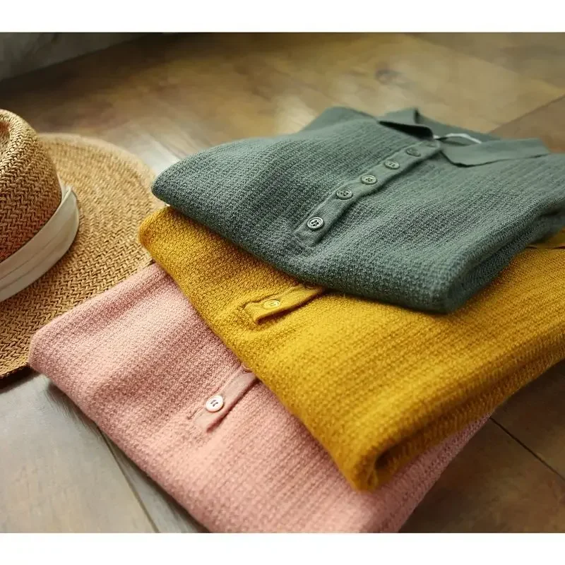 Yellow Polo Neck Shirt Button Knit Pink Women\'s T Shirts Plain Top Clothes Short Sleeve Tee New Synthetic Aesthetic Summer 2025