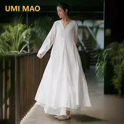 UMI MAO 여성용 코튼 드레스, 작은 따뜻함, 시원한 공기, 올 코튼 더블 레이어, 긴 소매 원피스, 2024 용수철 여름 신상