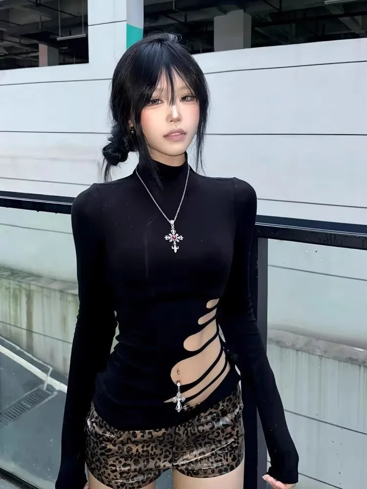 Y2k Turtleneck T-shirt Women Slim Cut Out Long Sleeves 2000s Clothes Gothic Harajuku Streetwear Clothing Chic Sexy Cropped Tops
